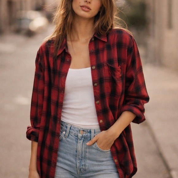 American Eagle Outfitters Tops - American Eagle Red Black Plaid Flannel Shirt Boyfriend Fit Soft Grunge Size M
